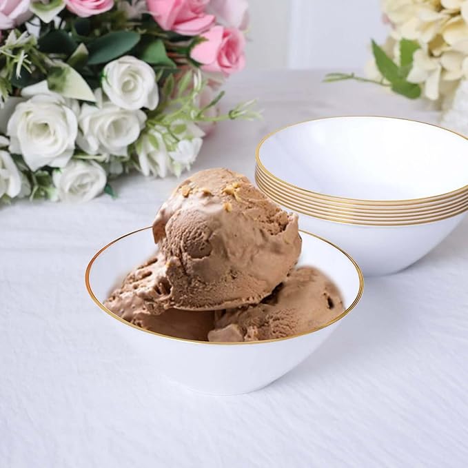 Efavormart 24 Pack | 7oz Glossy White/Gold Rim Heavy Duty Plastic Dessert Bowls, Premium Disposable Ice Cream Party Bowls