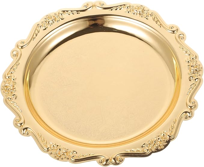 VICASKY 8 Inch Silver Metal Serving Tray - Elegant Platter for Food, Snacks, Jewelry Display & Home Decor, Vintage Style Dessert Tray with Handles (Gold, Heavy Duty)