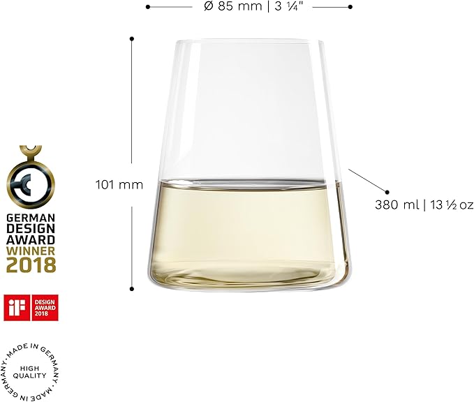 Stölzle Lausitz White Wine Tumblers Power 6-Piece Set, 13 1/2 oz – Modern Stemless Crystal Wine Glasses for Maximum Aroma – Durable & Dishwasher Safe, Made in Germany