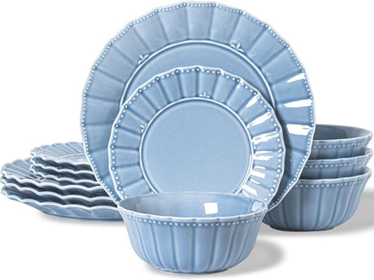 HOMBENE Dinnerware sets, 12 Piece plates and bowls sets for 4, Ceramic dish set, Porcelain dish set, Premium kitchen decor, Microwave and Dishwasher Safe, Celestial Blue
