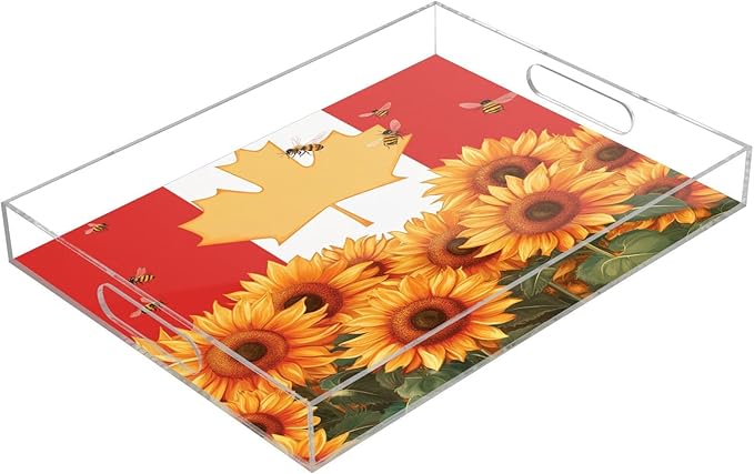 Serving Tray with Handles Clear Acrylic Tray 12x16 Inch Decorative Rectangular Tray Organizer for Ottoman Coffee Table Bathroom Sunflowers and Bees Canada Flag