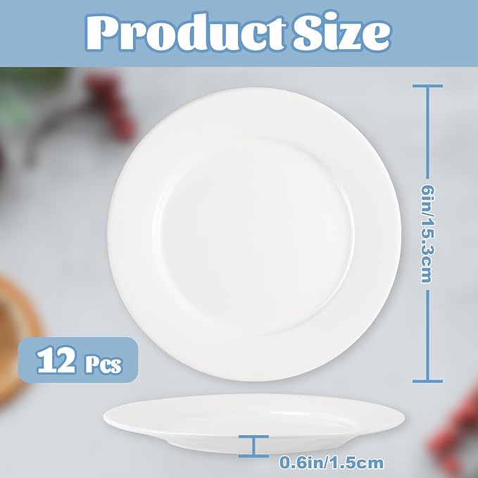 12 Pack Porcelain Dessert Plates, 6 Inch Dessert Plates, Small Ceramic Appetizer Plates, Microwave, Oven, Dishwasher Safe,White