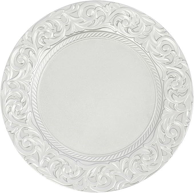 150 Pcs Antique Charger Plates Bulk Round Plastic Dinner Plate Embossed Rim Server Plate Decorative Chargers Floral Plates for Dinner Parties Wedding,13 Inch (150Pcs-Silver)
