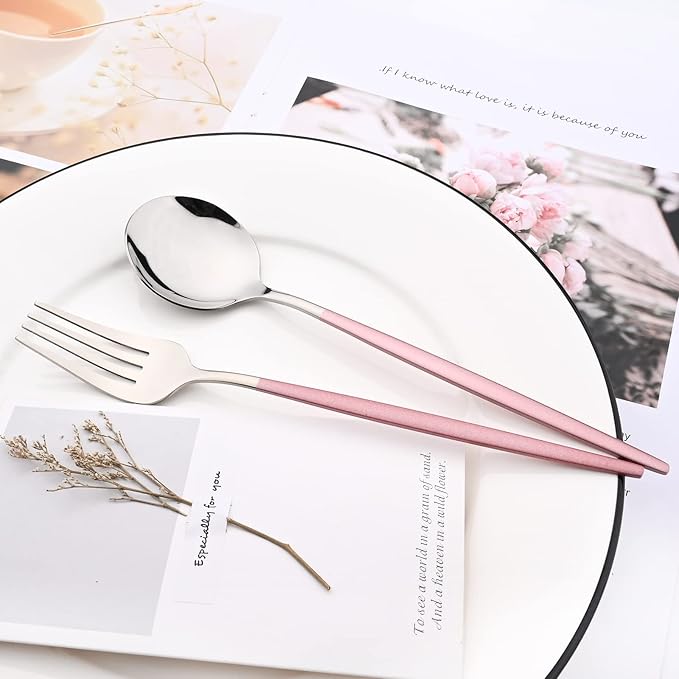 30-Piece Snplowum Mirror Flatware Serving Set, 18/0 Stainless Steel Dinnerware With Pink Handle, Modern Durable Home Kitchen Eating Tableware Set Service For 6 (Pink Silver)