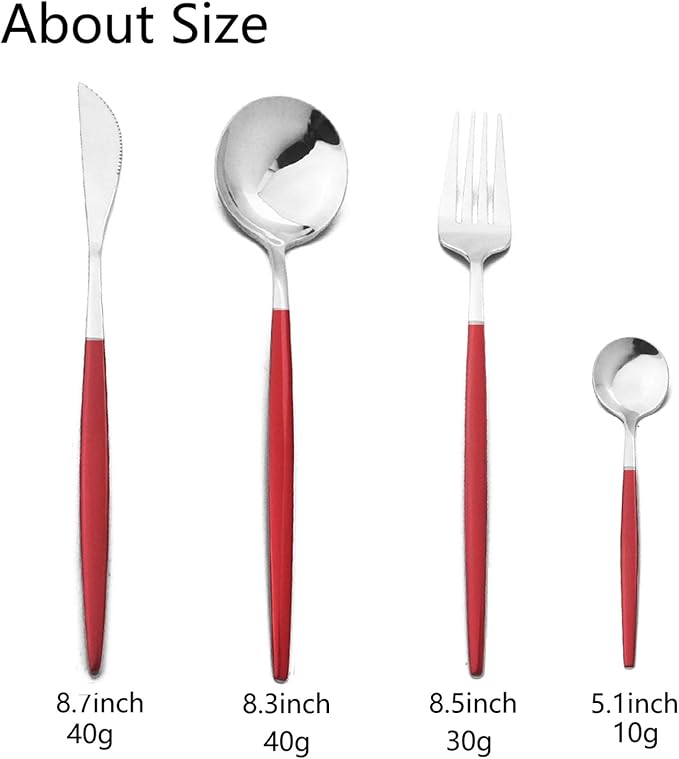 JASHII 24 Piece Titanium Red Plated Stainless Steel Flatware Set,Red Handle With Silver Mouth Utensils Set, Red With Silver Cutlery Set Service for 6 (Red Handle, Shiny Silver)