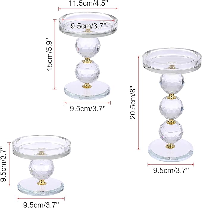 OwnMy Set of 3 Gold Crystal Glass Pillar Candlestick Holders Votive Candle Holder Set, Clear Glass Tea Light Candle Stick Holders Pillar Candle Stand Modern Candle Centerpiece for Living Room Wedding
