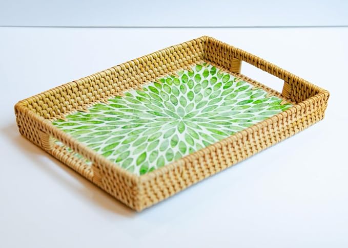 Magenta & Teal Decorative Rectangle Rattan Serving Tray 13x9 inch Mother of Pearl Inlay, Wicker Coffee Table Decor, Farmhouse (Green Petals)