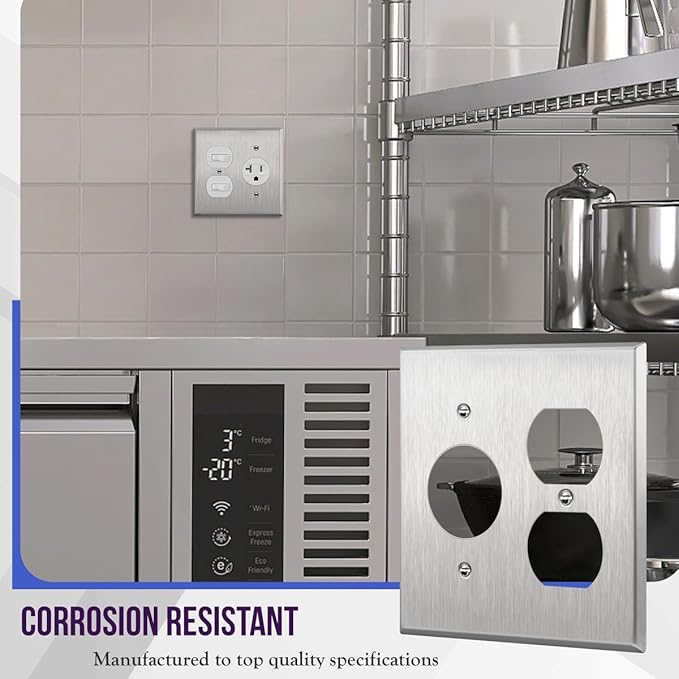 ENERLITES Combination Duplex Outlet or Single Receptacle 1.406" Hole Metal Wall Plate, Corrosive Resistant, Size 2-Gang 4.50" x 4.57", 772151, 430 Stainless Steel, UL Listed, Silver