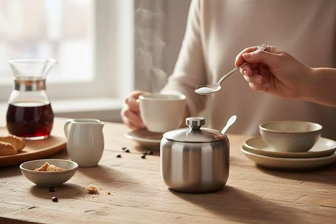 Sugar Bowl with Lid And Spoon, 14.5OZ Stainless Steel Sugar Creamer Container, 430 Milliliter Round Sugar Jar, Coffee Bar Decor, Home and Kitchen Storage, Silver