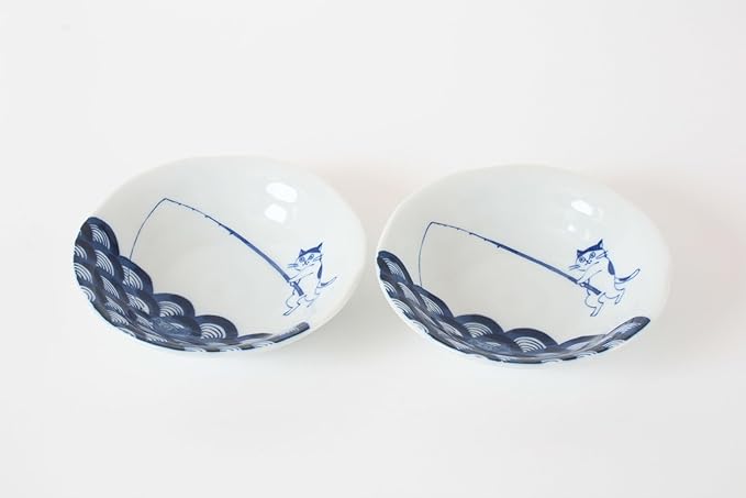 Mino ware Japanese Ceramics Pair Round Plate Japanese Cat (set of two) made in Japan GBS229 (Small Deep, Fishing)