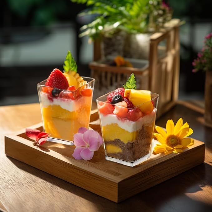 30 Pack 5 oz Square Dessert Cups with Spoons, Clear Plastic Parfait Cups for Party, Mini Serving Shooter Appetizer Cups, Dessert Shot Glasses for Tasting Samples Fruit Ice Cream