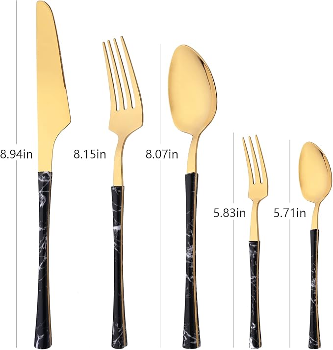 Cooking Black Gold Flatware Set, Stainless Steel Silverware Set 20 Piece with Black Marble Texture, Tableware Cutlery Set Service for 4, Include Knife Fork and Spoon, Dishwasher Safe