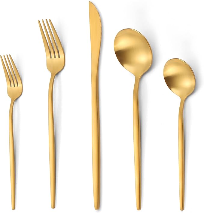 40 Pieces Silverware Set，Matte Gold Stainless Steel Flatware Cutlery Set Service for 8, Stain Finish Kitchen Utensil Set，Include Dinner Knives Forks and Spoons Silverware, Dishwasher Safe