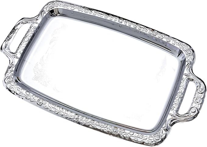 Metal Food Tray, Elegant Design, 39x23x1.7cm, Silver Serving Tray, Rectangle Serving Platter, Large Capacity, for Candy Bread Cake Charcuterie Dessert Fruit Party