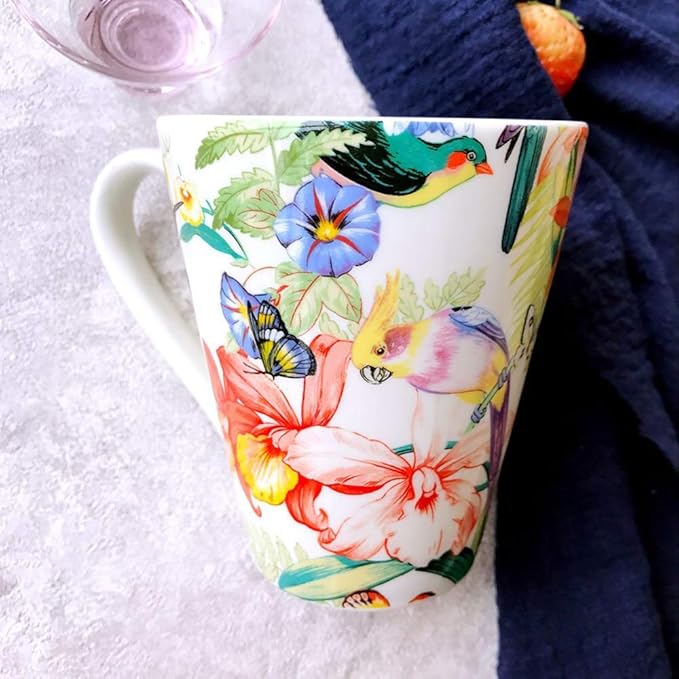 SHINING Porcelain Bone China Dinnerware Ceramic Floral Design Tableware Service Plate Mug Bowl Set (White Breakfast Mug)