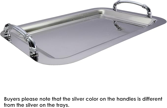 (Pack of 2) 14.2 inch x 10.2 inch Oblong Chrome Plated Mirror Silver Serving Tray with Handles Stylish Floral Engraved Decorative Party Birthday Wedding Buffet Platter Plate CC-1029