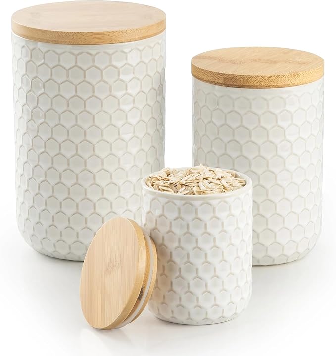 Besmeety Canisters Sets for the Kitchen, Flour Sugar Storage Containers, Ceramic Kitchen Canisters for Countertop with Airtight Lid, 11oz 28oz & 50oz Coffee Tea Sugar Container Set of 3