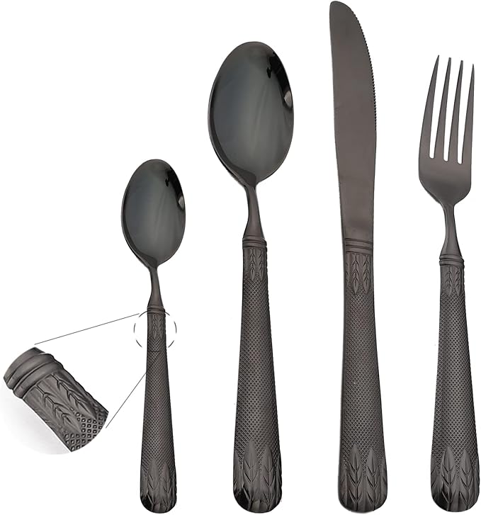 JASHII 304 Stainless Steel Hammered Silverware Set with Wheat Spike Pattern, Modern Eating Tableware Flatware Set, Service for 6. Flat Handle, Dishwasher Safe - Shiny Black
