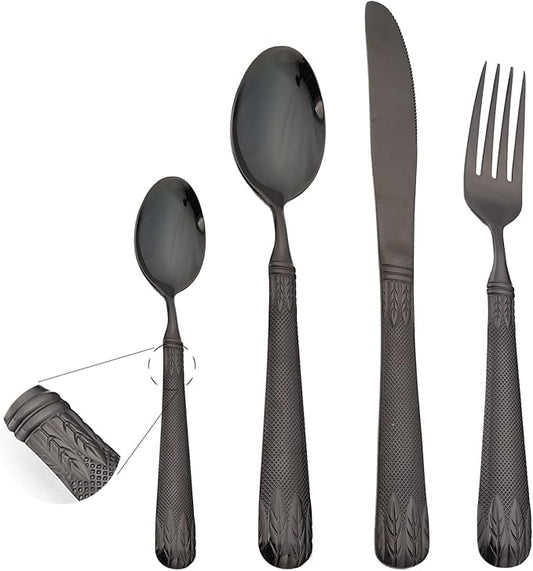 JASHII 304 Stainless Steel Hammered Silverware Set with Wheat Spike Pattern, Modern Eating Tableware Flatware Set, Service for 6. Flat Handle, Dishwasher Safe - Shiny Black
