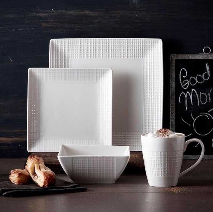 Vikko DinnerWare Sets,16 Piece Dinnerware Set, 4 Dinner Plates, 4 Dessert Plates, 4 Bowls, 4 Mugs, Fine Mesh Design, Service for 4 Ceramic Dinnerware Sets, Ivory