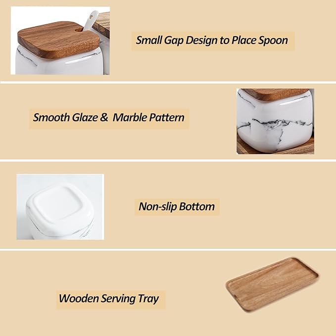 Ceramic Salt and Sugar Container Set with Wooden Tray, 3pcs Porcelain Seasoning Jars with Lids and Spoons, Condiment Pot Pepper Spice Storage Canister for Home Kitchen Counter