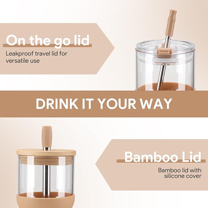 Glass Tumbler with Lids and Straws, 20 oz Iced Coffee Cup and Smoothie Cup with Bamboo Lid and On the go Lid,Glass Cups With Straws