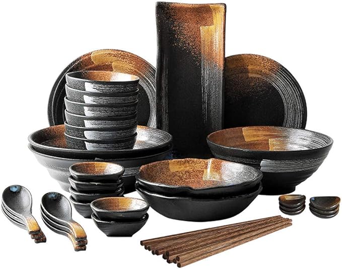 Dinner Plates,Ceramics Dinnerware Set, Style 32 Pieces Plates and Bowls Sets/Matte Porcelain Dinner Set with Sushi Plate for Restaurant,