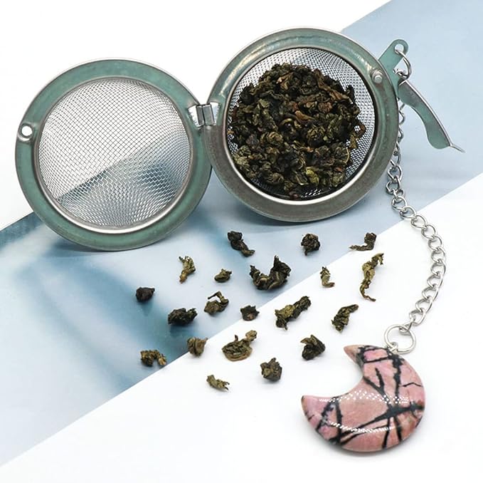 5 Pcs Tea Filter Stainless Steel with Moon Crystal Energy Stone Tea Strainers with Fine Mesh Extend Chain Hook Tea Ball Infuser for Loose Tea Leaves Spices Seasonings