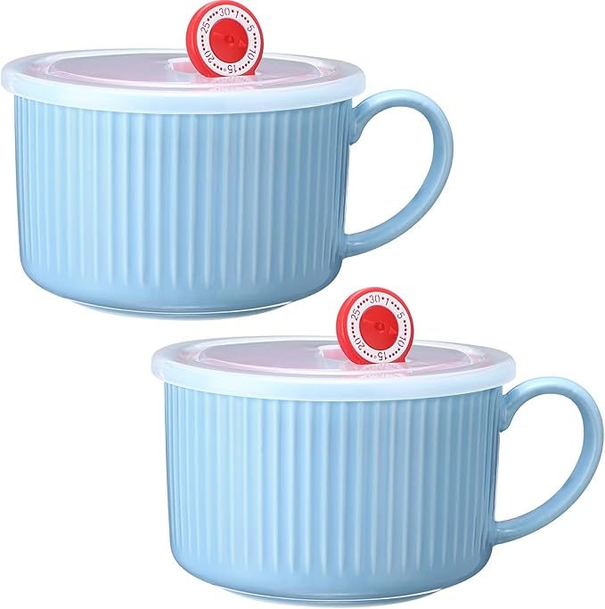 Nuenen 2 Pcs Soup Bowls with Lids and Handles 30 oz Microwave Safe Ceramic Soup Mug Microwavable Ramen Containers with Lids Large Colorful Cups for Noodle Cereal kitchen (Baby Blue)