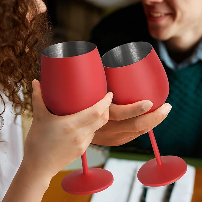 Lifecapido Stainless Steel Wine Glasses Set of 2, 18oz Stainless Steel Wine Goblets, Stemmed Metal Wine Glasses with Cup Brush for Party Office Wedding Anniversary, Great for Red White Wine (Red)
