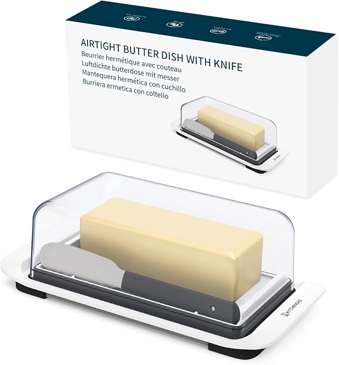 KITCHENDAO Airtight Butter Dish with Lid and Knife Spreader for Countertop and Refrigerator, Keep Butter Fresh, Easy Scoop, Dishwasher Safe, Plastic Butter Keeper Tray for West/ East Coast Butter