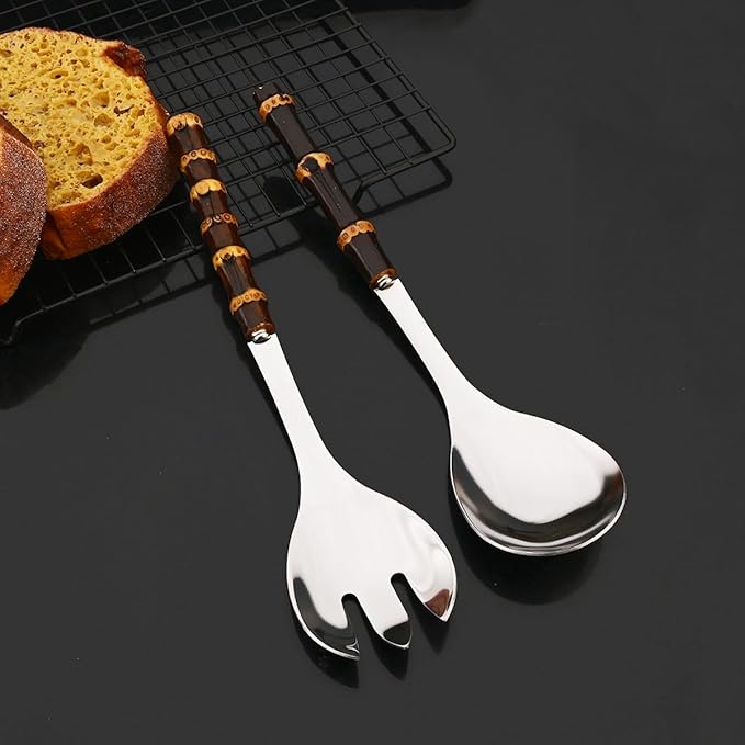 JASHII 4-piece Stainless Steel Flatware Cutlery Serving Set Silverware Knife Fork Spoon Set Black Bamboo Handle Dishwasher Safe for Dinner Buffet