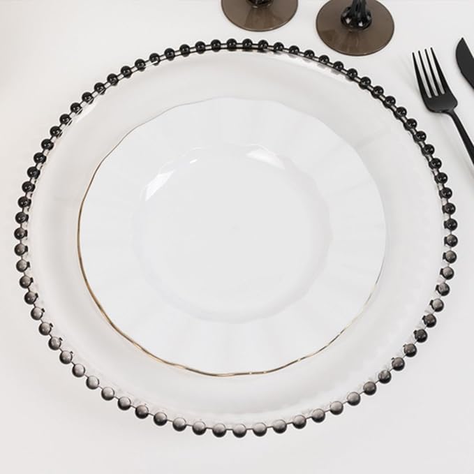 13" Charger Plates - Set of 12 - Clear/Black Round Acrylic Disposable Chargers with Beaded Rim, Ideal for Dinner Party Wedding Bulk Events