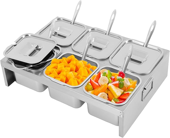 Stainless Steel Condiment Containers, 6 Compartment Trays Seasoning Organizer Box with 0.528 Gallons Capacity Each for Outdoors Hotels Kitchens Backyards