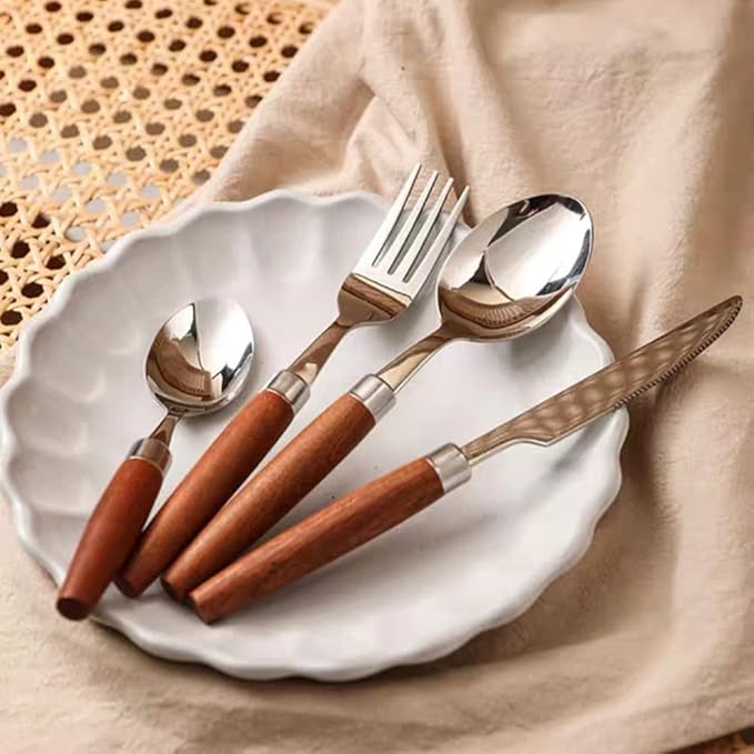 Wood Silverware Set for 8 Premium 18/10 Stainless Steel Flatware Set 32 Piece Wooden Cutlery Tableware Utensils Modern Knives Forks and Spoons Set for Home Kitchen Wedding Restaurant
