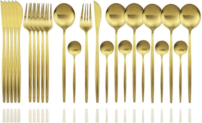 JASHII 24 Pieces Silverware Flatware Cutlery Set, Stainless Steel Tableware Silverware-Service for 6 Dishwasher Safe Full Set Flatware Durable (Full Gold)