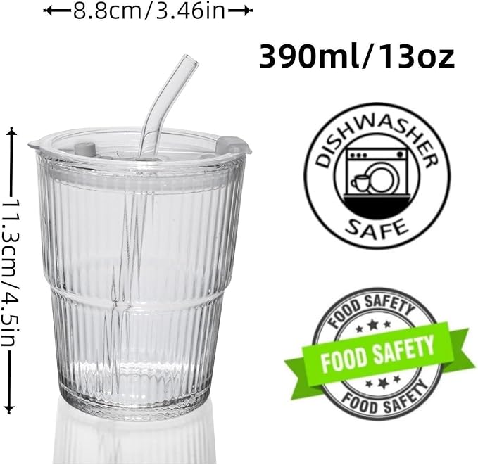 QWEZXO 13OZ/400ML Ice Coffee Glass Tumbler, Thick Wall Water Glass Cup Mug Tea with Straw and Lid Sealed Carry On （Clear）
