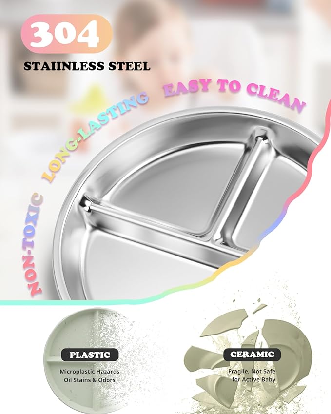 Stainless Steel Kids Plates with Lid 4 Packs, Deepened 9" Portion Control Plate Divided Plate for Adults Bariatric Weight Loss & Diabetic Diet, Non Toxic Unbreakable Toddlers Lunch Dishes