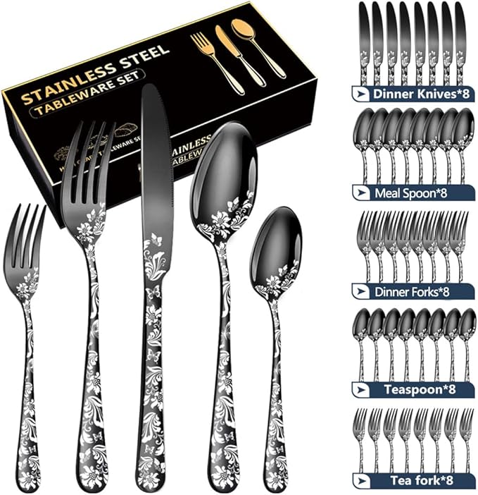 XIAOYU 40 Piece Silverware Set, Stainless Steel Flatware Set, Service for 8, Unique Pattern Design, Includes Dinner Knives/Forks/Spoons, Mirror Polished Cutlery Set, Rainbow