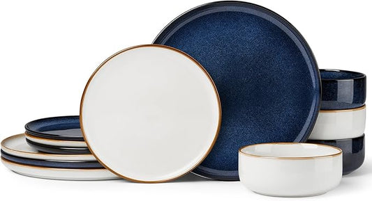 Herogo 12-Piece Stoneware Dinnerware Sets for 4, Dinner Plates and Bowls Sets, Double Reactive Glaze Dishware Place Setting for Kitchen, Scratch Resistant, Microwave Safe, Ivory White & Starry Blue