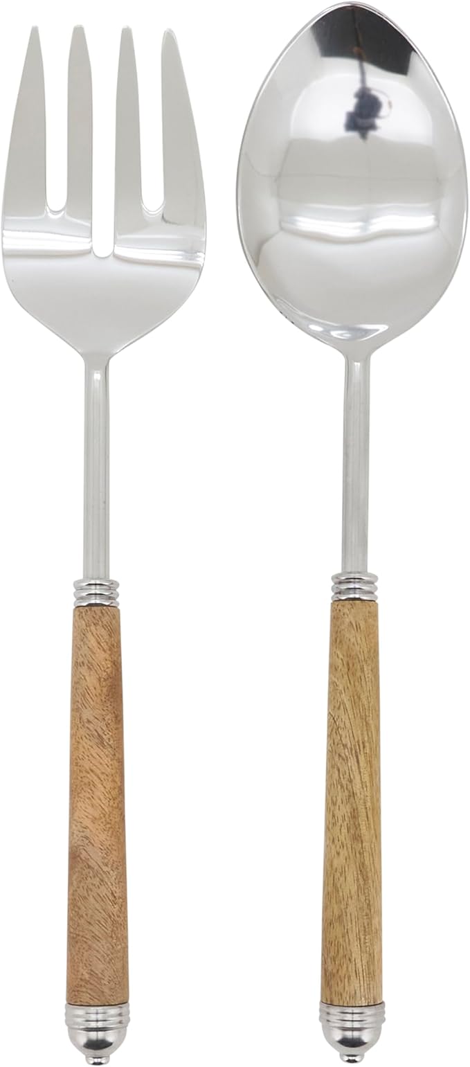 SARO LIFESTYLE Mango Wood Handle Serving Set – Stainless Steel Fork & Spoon for Salads, Buffets & Entertaining