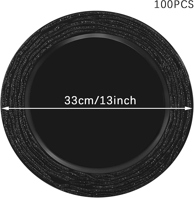 100 Pack Chargers for Finner Plates, 13 Inch Plastic Round Bright Charger Plates Bulk, Wedding Decoration for Table Setting Wedding Party Event Tabletop (Black)