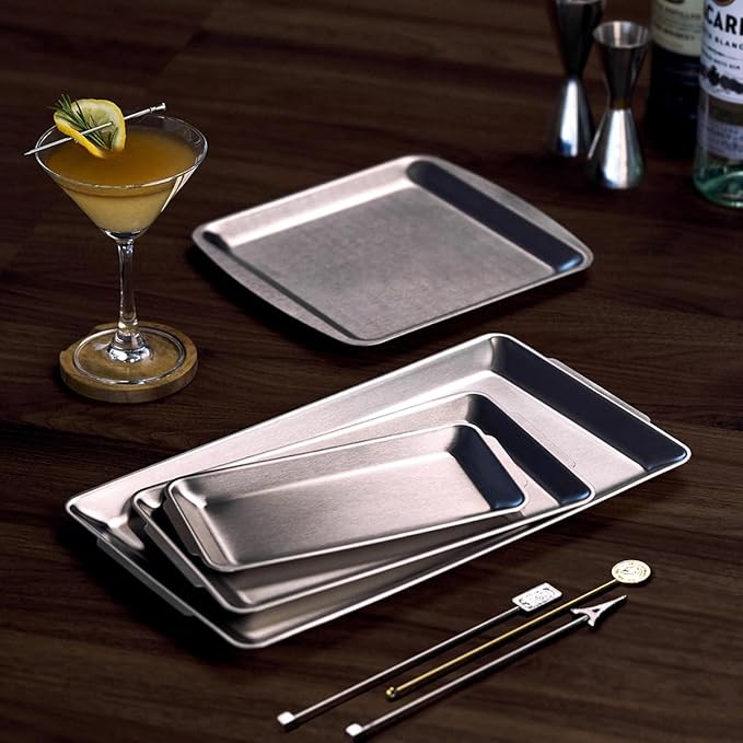 SUS304 Stainless Steel Serving Platters, Rectangle Metal Dinner Plate with Handles, Decorative Tray, Lightweight, Cheese Board, Oven Safe (10.43 x 5.91 inches)