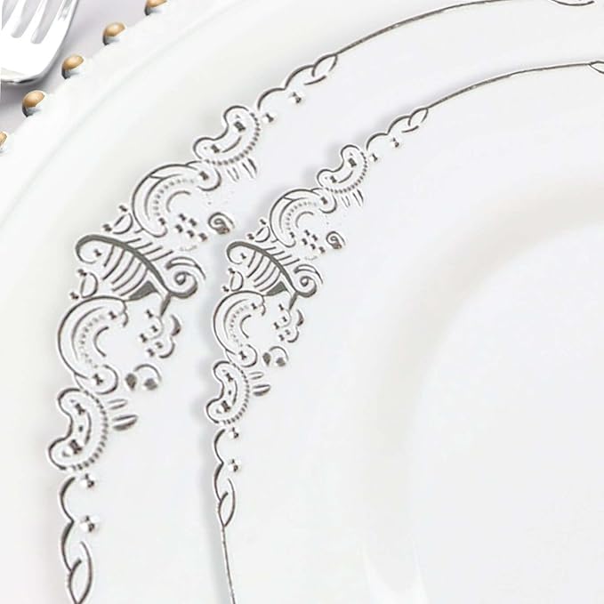 8" Salad Plates -Set of 30 - Plastic White Silver Round Baroque Disposable Chargers Leaf Embossed Rim, Ideal for Dinner Party Wedding Bulk Events