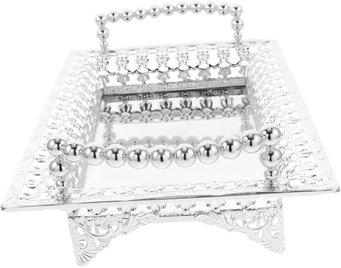Nordic Style Metal Fruit Plate with Handle Mirrored Snack Tray for Fruits and Appetizers Silver Color Decorative Serving Tray for Residential and Commercial Use