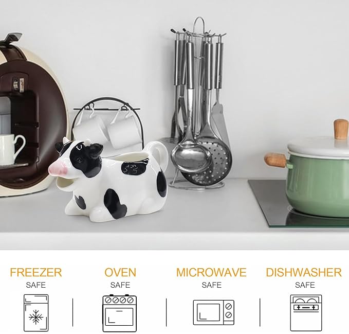 Ceramic Gravy Boat, 11oz/300ml White Gravy Boat Milk Cow Sauce Jug with Smooth Handle - Perfect for Salad Dressing, Broth, Cream, Milk - Unique Artwork for Your Kitchen