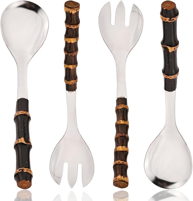 JASHII 4-piece Stainless Steel Flatware Cutlery Serving Set Silverware Knife Fork Spoon Set Black Bamboo Handle Dishwasher Safe for Dinner Buffet