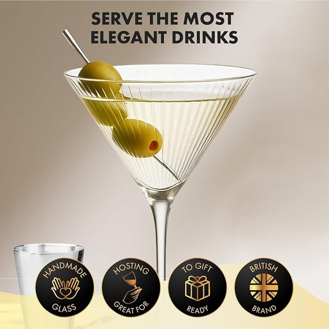 VEMACITY - Ribbed Martini Glasses Set of 4 | Silver Bar Tools - 8oz Cocktail Glasses | Espresso Martini, Margarita, Manhattan, Cosmopolitan - Art Deco Cocktail Gift Set | Ideal for Martinis