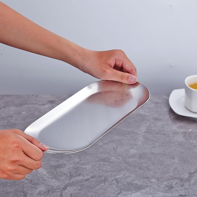 8.5X3.7 inch ellipse Appetizer Plates,thick stainless steel Dinner Plates, Pasta Dessert Plates for Sushi, Fruit oven/Dishwasher Safe, Set of 4,silver