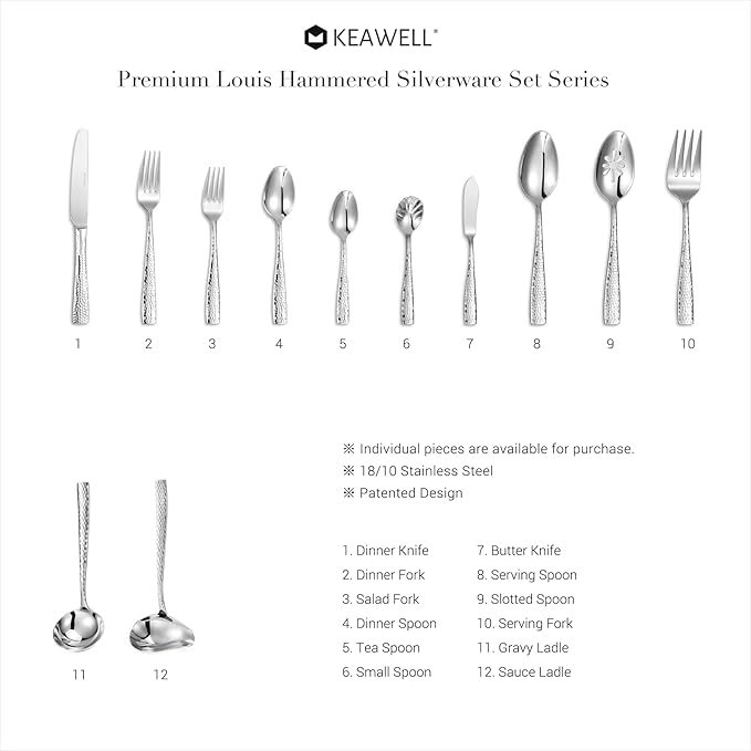 KEAWELL Premium Louis Hammered Serving Utensils, 18/10 Stainless Steel, Squared Edge Design, Mirror Finish, Dishwasher Safe (Slotted Spoons, Set of 2)